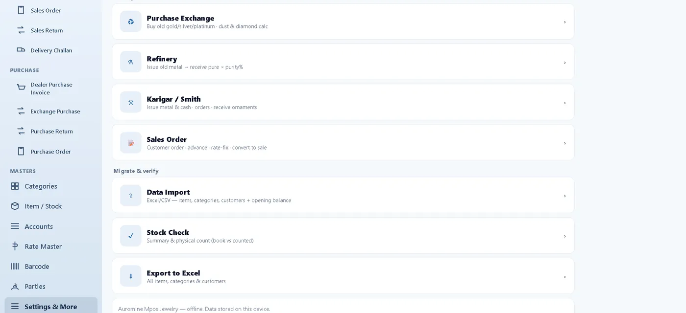 Purchase exchange, refinery, karigar and sales order menu on the web app
