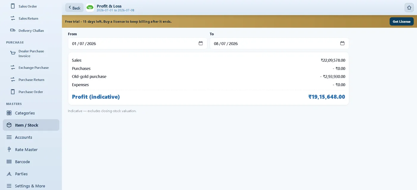 Profit and loss statement in the Auromine web app