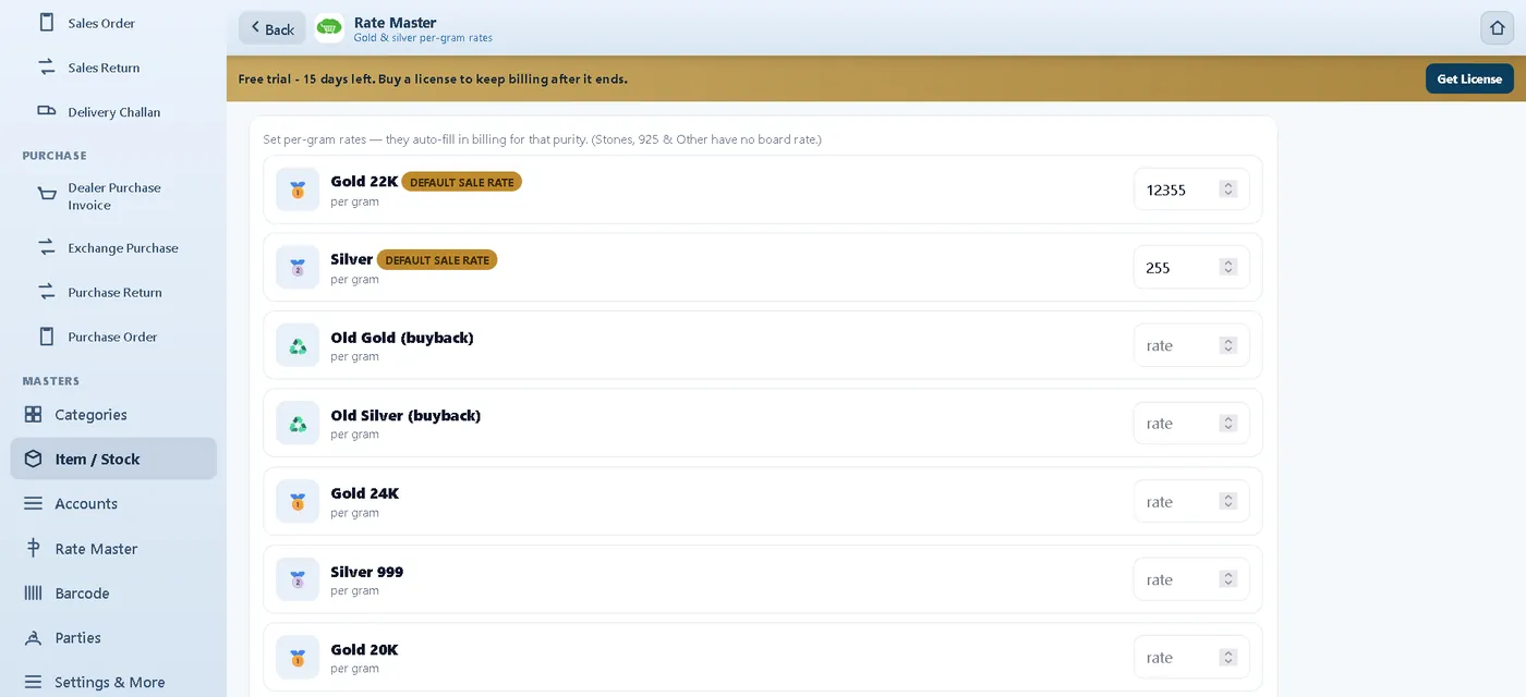 Rate master with per-gram gold and silver rates on the web app