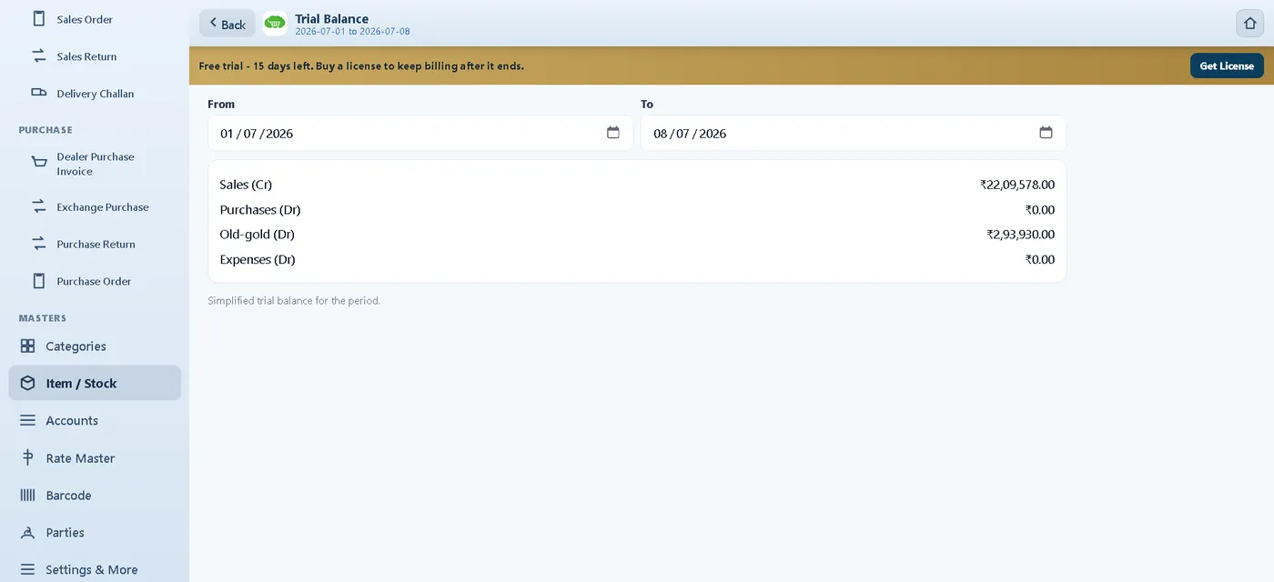 Simplified trial balance for a date range in the Auromine web app