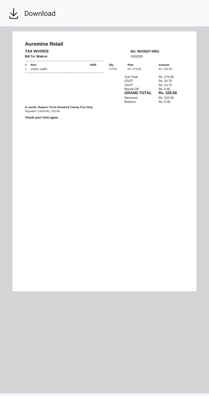 Auromine Retail GST tax invoice with CGST, SGST and amount in words