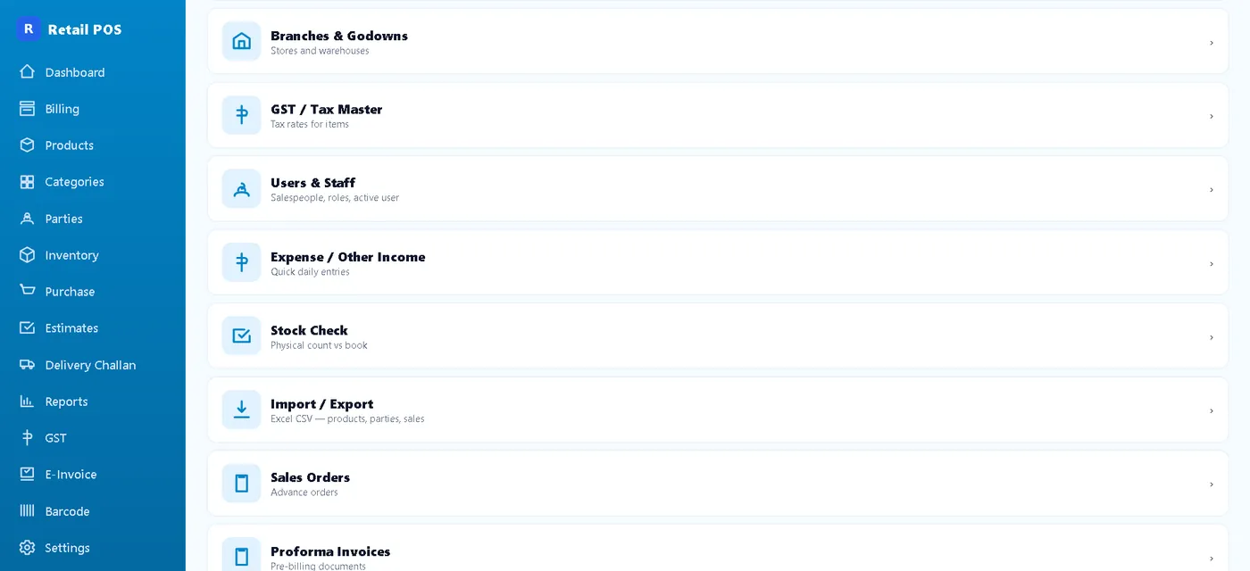Retail POS masters list with branches, users, stock check and import export