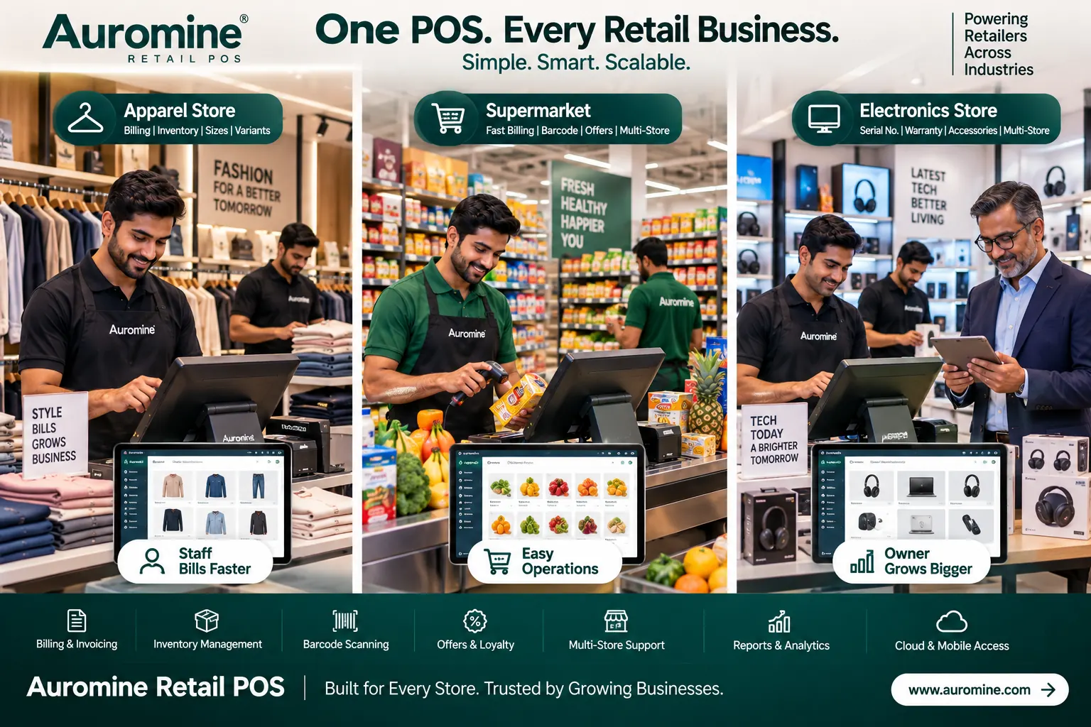 Auromine Retail POS running in an apparel store with sizes and variants, a supermarket with fast billing, barcode and offers, and an electronics store with IMEI / serial numbers on the bill — billing and invoicing, inventory management, barcode scanning, offers and loyalty, multi-store support, reports and analytics, cloud and mobile access