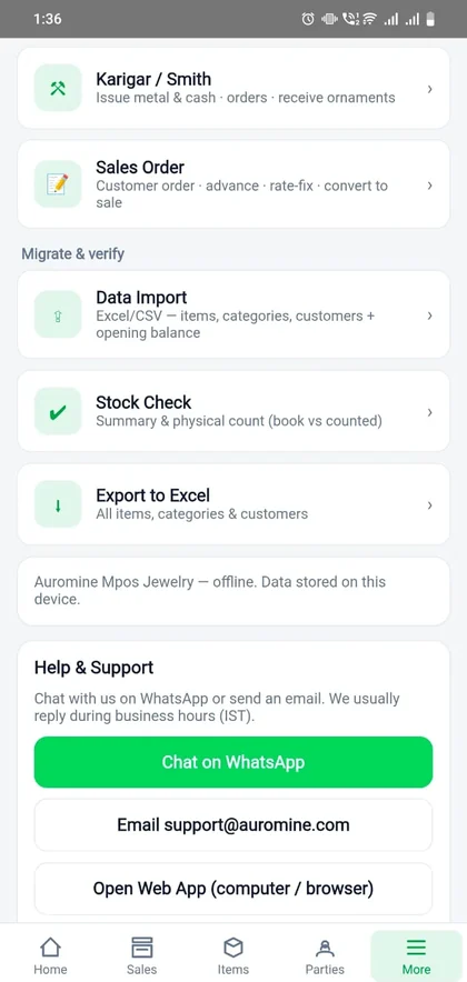 Auromine Jewellery POS tools menu
